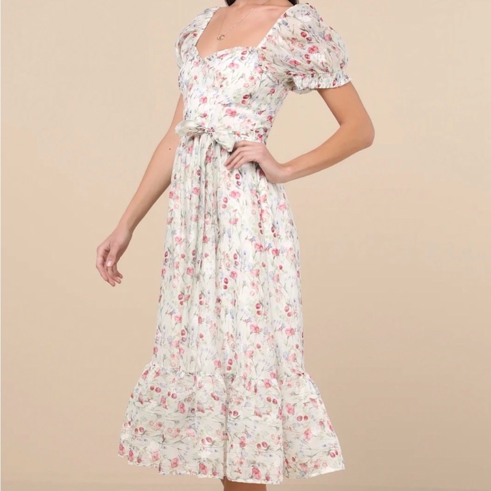 Lulus Galiena NWT size Small Ivory‎ Floral Tiered Puff Sleeve Midi Dress - Picture 14 of 14